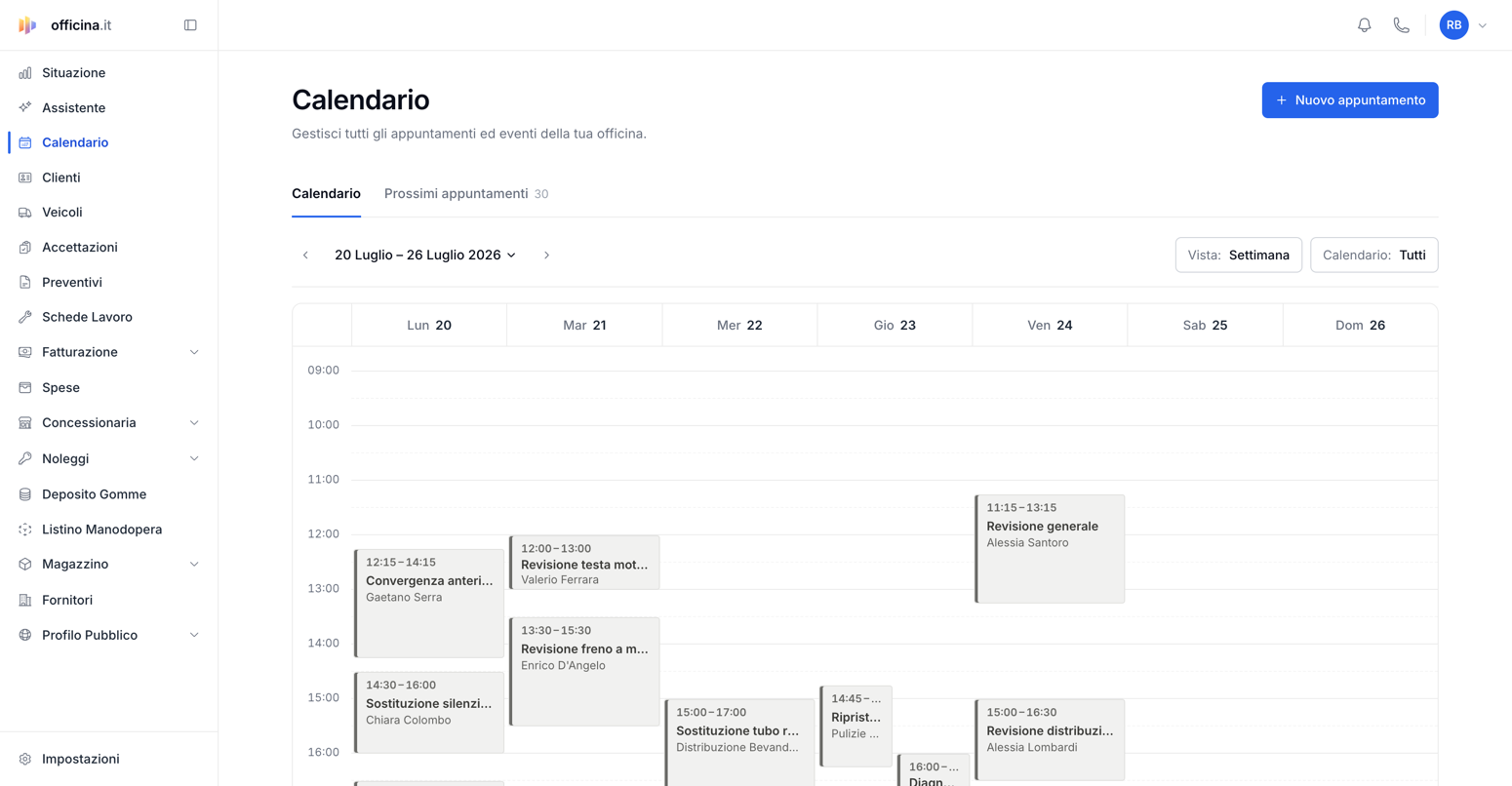 Agenda settimanale dell'officina con gli appuntamenti dei clienti